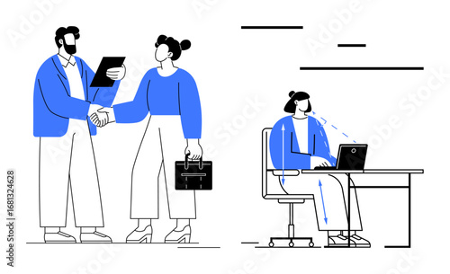 Business duo shaking hands while assessing documents woman working on laptop at desk. Ideal for teamwork, negotiation, professionalism, productivity, workspace, and minimal design in a simple landing