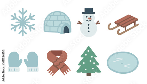 Winter icons: snowflake, igloo, snowman, sled, mittens, scarf, tree, ice rink