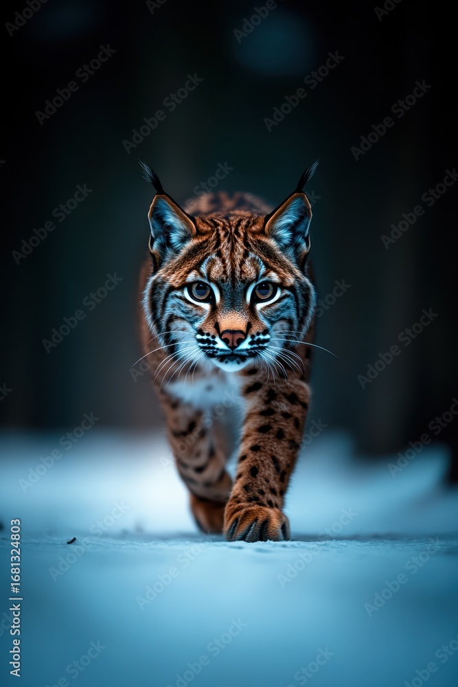 Fototapeta premium Majestic Lynx Walking Through Snowy Forest at Dusk