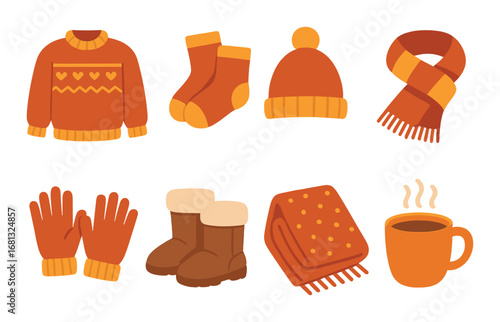 Cozy winter attire and warm beverage illustration with sweater, blanket, gloves, mug, and hat