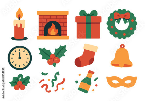 Festive holiday icons featuring candle, fireplace, gift, wreath, clock, holly, stocking, bell, mask