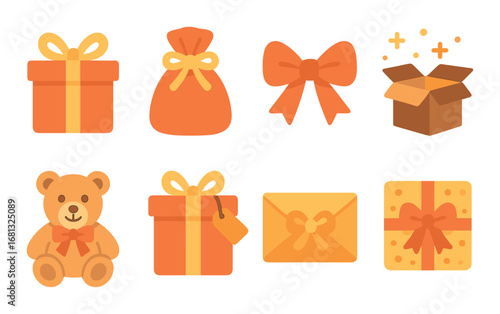 Festive warm toned gift icons with ribbons and teddy bear