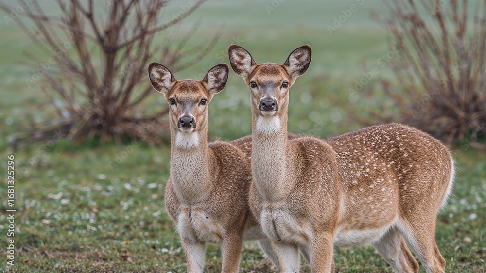Fototapeta premium White-tailed Deer duo standing in a frosty field looking towards the lens