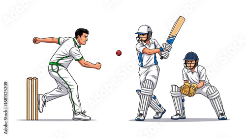 Cricket Match: A dynamic cricket scene unfolds, capturing the essence of the sport with a bowler in mid-action, a batsman ready to strike, and a vigilant wicketkeeper anticipating the ball. 