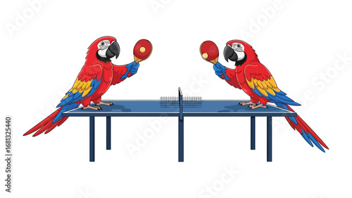 Parrots Play Table Tennis: Two vibrant parrots engage in a playful game of table tennis, showcasing their fun and sporty side.