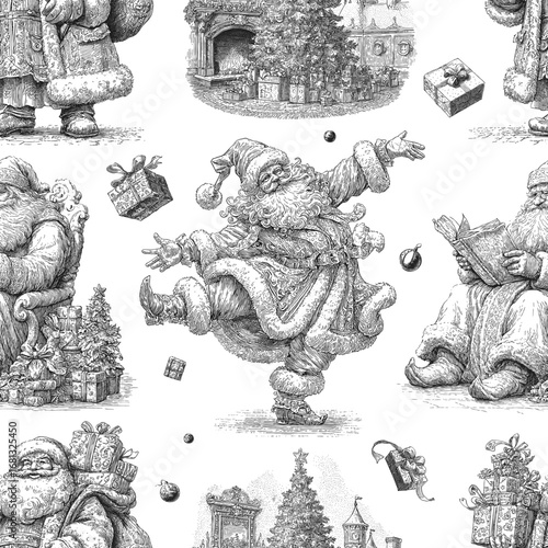 Traditional European Christmas scenes with Santa. Seamless vector pattern. Vintage engraving or ink drawing style vector illustration.