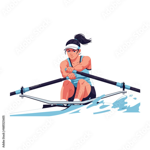 Solo Rowing: An illustration captures a lone female rower in a sleek single scull, gliding through the water with power, grace and unwavering determination.