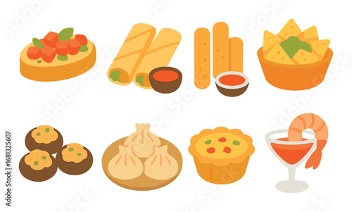 Assorted appetizers and snacks with sauces in warm tones