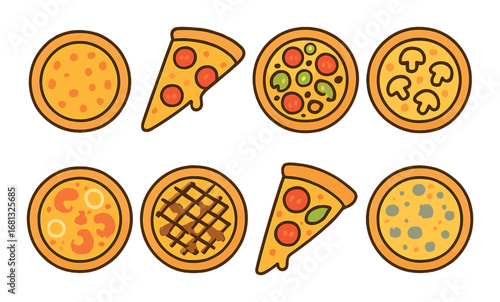 Variety of pizza slices and whole pizzas with diverse toppings on wooden background