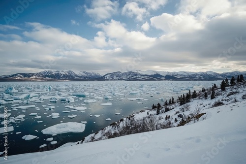 Wallpaper Mural Aerial views of a snowy lake with cloudy skies from various unique angles, perfect for travel and holiday backgrounds. Torontodigital.ca