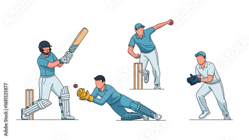 Cricket Players in Action: Dynamic illustration of cricket players, each moment captured with precision, a visual guide to the sport's elegance, showcasing batting, bowling, and fielding skill.