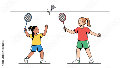 Badminton Match: Two young girls engaged in a dynamic badminton game. The illustration depicts a moment of athletic prowess, showcasing the excitement of competition. 