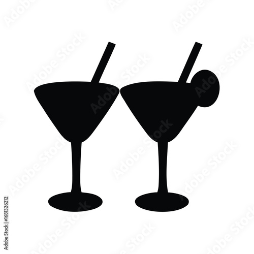 Black silhouette of two cocktail glasses with straws - Minimal black silhouette of two cocktail glasses with straws and garnish, symbolizing drinks, parties, celebrations, nightlife, and social gather