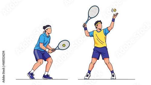 Tennis Players in Action: Two dynamic tennis players are captured in mid-play, highlighting the power, precision, and agility inherent to the sport.