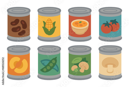 Assorted canned foods: beans, corn, soup, tomatoes, peaches, peas, spinach, mushrooms