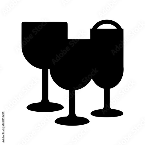 Black silhouette of multiple drink glasses - Minimal black silhouette of three different drink glasses, representing cocktails, wine, beer, parties, celebrations, nightlife, and social gatherings.  
