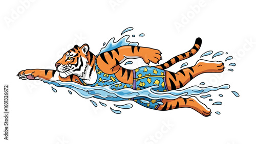 Tiger Swimming in Water: A whimsical illustration depicts a tiger playfully swimming in the water, embodying a sense of fun, enjoyment, and adventure.