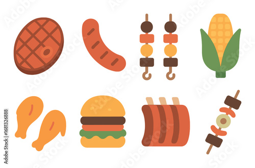 Colorful graphic of grilled foods including steak, sausage, corn, and skewers