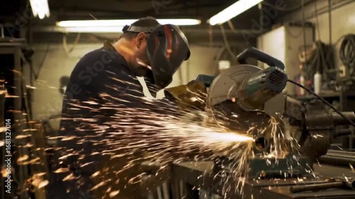 Metalworker grinding metal with sparks in industrial workshop  