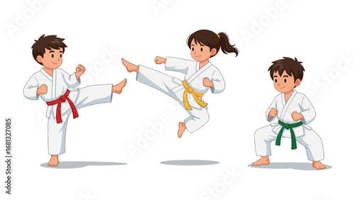 Dynamic Martial Arts Kids Illustration: Capturing the energy of martial arts, a vibrant illustration showcases three young children in their karate uniforms, each in dynamic action stances.