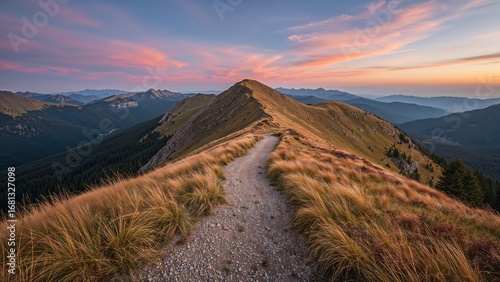 Fototapeta Naklejka Na Ścianę i Meble -  Trail along a mountain ridge showcasing beautiful autumn colors and a breathtaking sky.