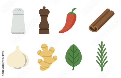 Illuminated seasonings: salt, pepper, chili, cinnamon, garlic, ginger, mint, rosemary