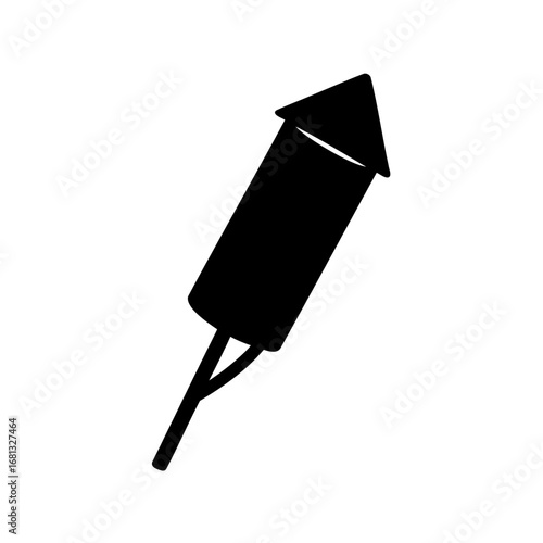 Black silhouette of rocket firework icon - Minimal black silhouette of a rocket-style firework on a stick, representing celebration, festival, holiday, entertainment, and festive pyrotechnics.
