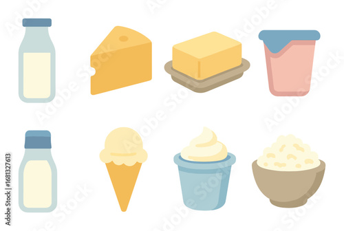 Illustrated dairy products collection: milk, cheese, butter, yogurt, ice cream, cream, cottage cheese