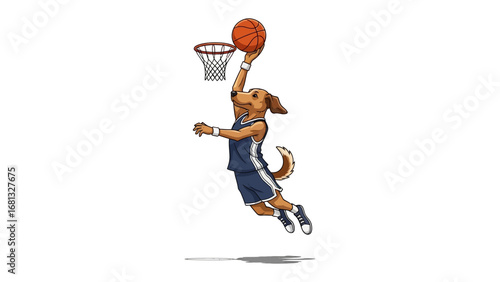 Hoops Hound: A determined canine athlete leaps toward the hoop, showcasing skill and passion in a high-energy game of basketball.