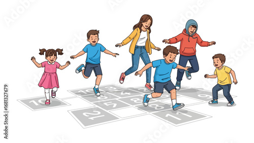Hopscotch Fun: Capture the joy of childhood as children play hopscotch in this bright illustration. Witness their laughter and active participation, in a friendly competition