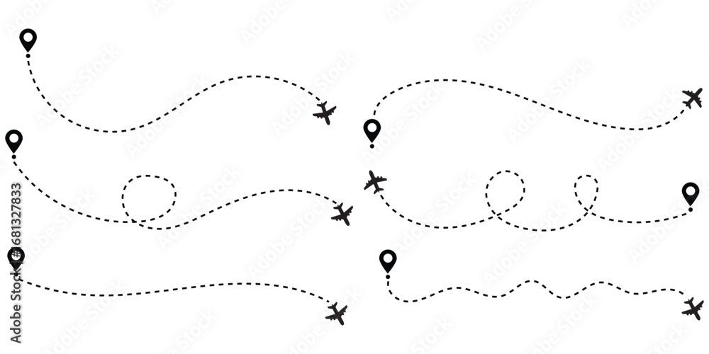 Obraz premium Airplane line path route travel vector concept. Plane routes dotted paths aircraft travel route start point flight destination. Plane paths. Aircraft tracking, planes, travel, map pins, location pins.