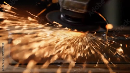Metal grinding process creating sparks in industrial workshop  