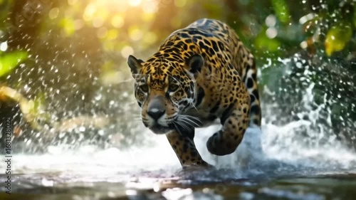 Jaguar Leaping Through Water in Jungle Environment