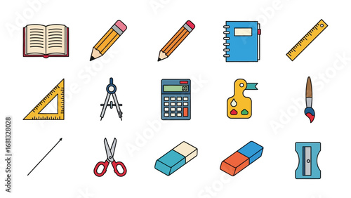 School Essentials: A curated collection of essential school supplies arranged in an illustrative style, each element meticulously rendered with bright colors and crisp details.