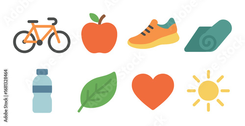 Glowing icons of healthy lifestyle: bicycle, apple, sneakers, yoga mat, water, leaf, heart, sun