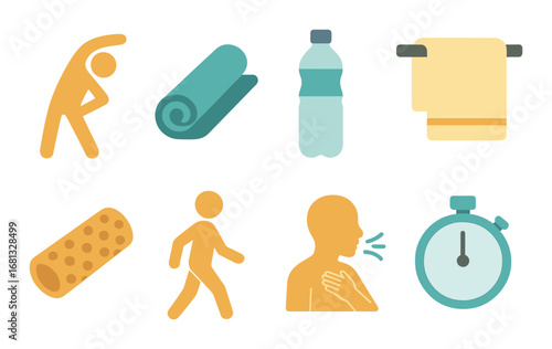 Fitness and wellness icons: stretching, yoga, hydration, towel, foam roller, walking, coughing, timer