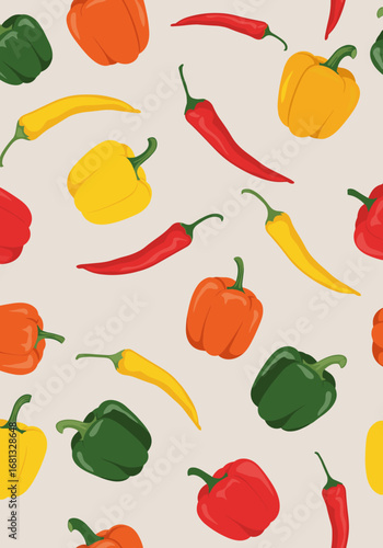 Vibrant peppers and chilis create a lively, colorful pattern perfect for culinary themes and designs.