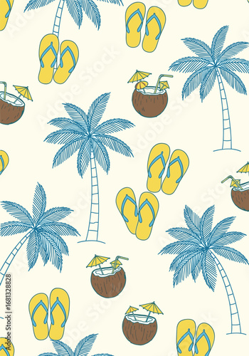 Vibrant tropical beach pattern with palm trees, flip-flops, and coconuts for summer vacation vibes