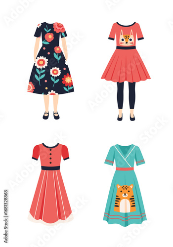 Charming collection of four stylish dresses featuring floral and playful animal prints for modern fashion.