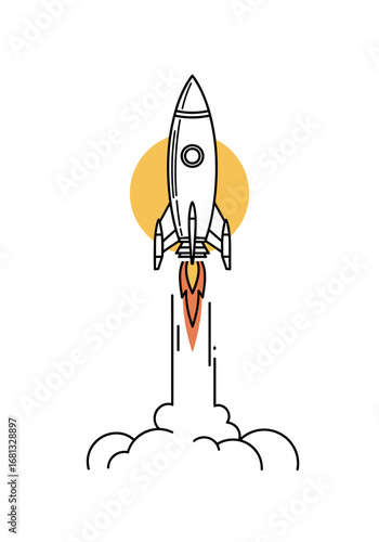 Dynamic rocket launching into space with fiery exhaust and bright yellow sun backdrop