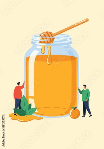 Drizzling honey from jar with dipper, tiny people admire nature's sweet bounty and fresh fruit.
