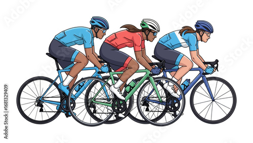 Cyclists in Motion: An illustration of three cyclists in vibrant cycling attire racing on a dynamic course, their determined faces reflecting the intensity of the sport.