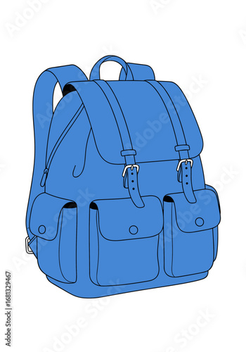 Vibrant blue backpack with multiple pockets and buckle straps, perfect for school or travel