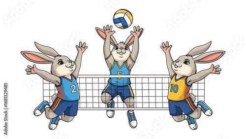 Rabbit's Volleyball Game: Three energetic rabbits engage in a lively volleyball match, their playful energy and teamwork on full display amidst a game of competition and fun.