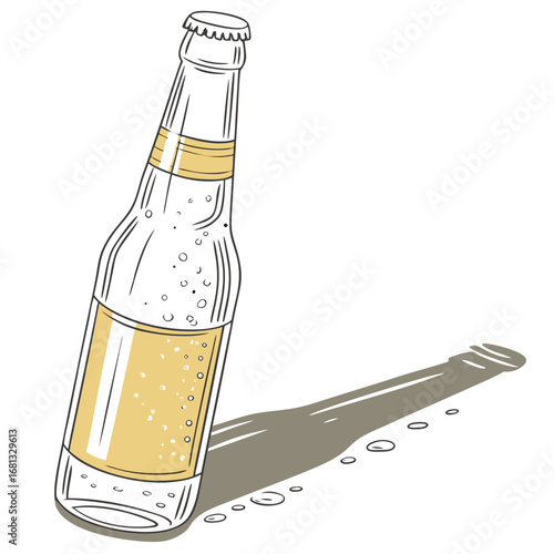 A hand drawn illustration of a refreshing cold beer bottle with condensation and bubbles casting a long shadow
