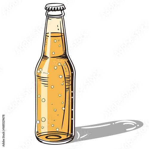 A refreshing bubbly golden beer bottle with a metallic cap and a cast shadow on a white background