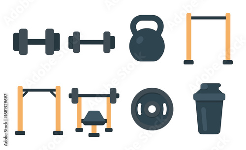 Modern gym equipment icons: dumbbells, kettlebell, barbell, parallel bars, protein shaker