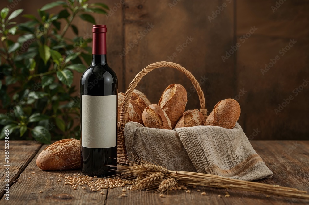 Naklejka premium Loaf of bread, wheat stalks, and a glass of wine arranged on a rustic wooden surface