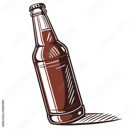 A vintage style illustration of a brown glass bottle of beer with a cap and a shadow