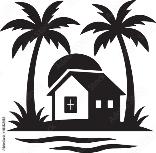 Tropical Island Beach House Silhouette with Palm Trees and Water Waves